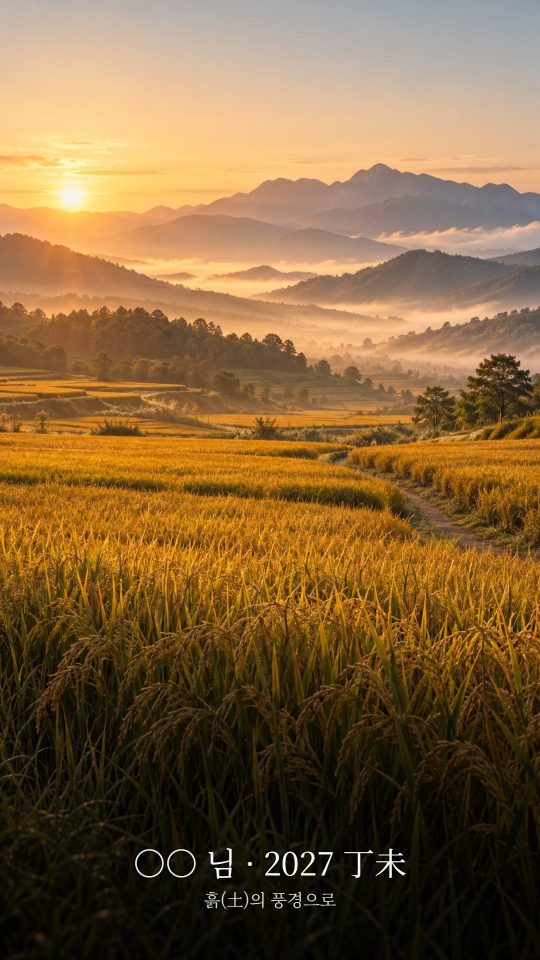 흙(土)의 풍경 견본: 아침 햇살 속 황금빛 들판과 구릉